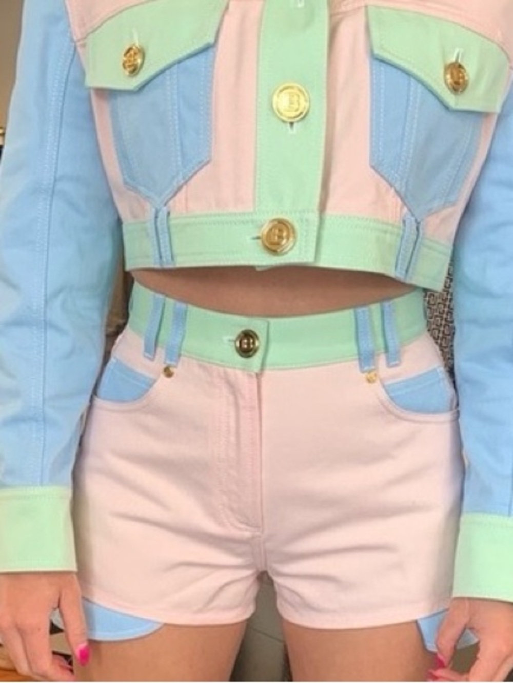 Balmain Pastel Colorblock High-Rise Jean Shorts - Pink, Mint & Light Blue